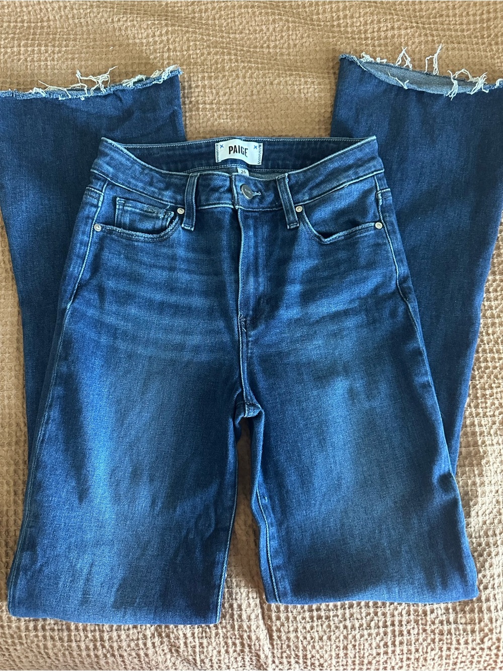 PAIGE Dark Blue Flare Jeans with Frayed Hem